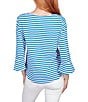 Color:Baltic Blue Multi - Image 2 - Yarn Dye Stripe Print Knit Boat Neck 3/4 Bell Sleeve Shirt