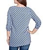 Ruby Rd. Yarn-Dyed Stripe 3/4 Roll-Tab Sleeve Asymmetric Top, Color:Deep Blue Multi - Image 2