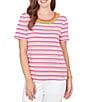 Ruby Rd. Yarn-Dyed Stripe Crochet Embellished Scoop Neck Short Sleeve Tee - Image 1