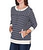 Ruby Rd. Yarn-Dyed Stripe Scoop Neck 3/4 Sleeve Top, Color:Navy/Multi - Image 4