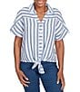Ruby Rd. Yarn-Dyed Woven Stripe Collared V-Neck Short Sleeve Button Front Shirt, Color:Indigo/Multi - Image 1