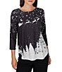 Ruby Rd.Petite Size Santa Flying Sleigh Snowflake Crew Neck 3/4 Sleeve Top - Image 1