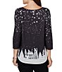 Ruby Rd.Petite Size Santa Flying Sleigh Snowflake Crew Neck 3/4 Sleeve Top - Image 2
