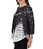 Ruby Rd.Petite Size Santa Flying Sleigh Snowflake Crew Neck 3/4 Sleeve Top - Image 3