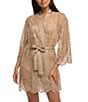 Color:Latte - Image 1 - Allover Lace Banded Neck 3/4 Sleeve Short Wrap Robe