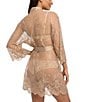 Color:Latte - Image 2 - Allover Lace Banded Neck 3/4 Sleeve Short Wrap Robe