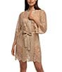 Color:Latte - Image 3 - Allover Lace Banded Neck 3/4 Sleeve Short Wrap Robe