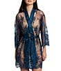 Color:Celestial Blue - Image 1 - Allover Lace Banded Neck 3/4 Sleeve Short Wrap Robe