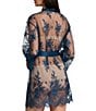 Color:Celestial Blue - Image 2 - Allover Lace Banded Neck 3/4 Sleeve Short Wrap Robe
