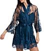 Color:Celestial Blue - Image 3 - Allover Lace Banded Neck 3/4 Sleeve Short Wrap Robe
