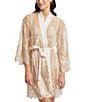 Color:Champagne - Image 1 - Allover Lace Banded Neck 3/4 Sleeve Short Wrap Robe