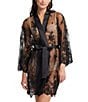Color:Black - Image 1 - Allover Lace Banded Neck 3/4 Sleeve Short Wrap Robe