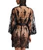 Color:Black - Image 2 - Allover Lace Banded Neck 3/4 Sleeve Short Wrap Robe