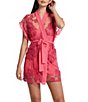 Color:Azalea - Image 3 - Charming Embroidered Lace Short Wrap Robe