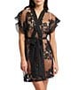 Color:Black - Image 1 - Charming Embroidered Lace Short Wrap Robe
