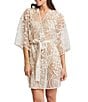 Color:Champagne - Image 1 - Embroidered 3/4 Sleeve Kiss Short Wrap Robe