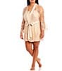 Color:Champagne - Image 3 - Plus Size Lace Short Wrap Banded Collar 3/4 Sleeve Robe