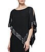 Color:Black/Silver - Image 3 - Round Neck 3/4 Sleeve Cold Shoulder Foil Trim Asymmetrical Overlay Dress