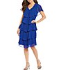 Color:Cobalt - Image 1 - Jewel V-Neck Short Sleeve Georgette Tiered Capelet Shift Dress