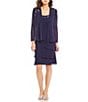 Ignite Evenings Sequin Detail Scoop Neck Long Sleeve Chiffon Tiered 2-Piece Jacket Dress, Color:Sapphire - Image 1