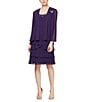 Color:Eggplant - Image 1 - Sequin Detail Scoop Neck Long Sleeve Chiffon Tiered 2-Piece Jacket Dress