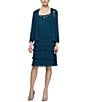 Color:Mid Teal - Image 1 - Sequin Detail Scoop Neck Long Sleeve Chiffon Tiered 2-Piece Jacket Dress