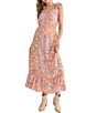 Color:Floral - Image 1 - Moonscape Woven V-Neck Tie Strap Button Front A-Line Tiered Midi Dress