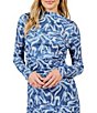 Sadie & Sage Printed Texture Knit High Neck Long Sleeve Side Ruched Fitted Top, Color:Blue Multi - Image 1