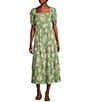 Sadie & Sage Rainy Days Textured Woven Floral Print Square Neck Short Sleeve Tie Back Tiered Maxi Dress, Color:Green Multi - Image 1