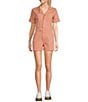 Sadie & Sage Short Sleeve Stretch Denim Romper, Color:Coral - Image 1