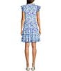 Color:Blue Multi - Image 2 - Abstract Print Ruffle Split V-Neck Cap Sleeve A-Line Mini Dress