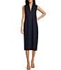 SAIL to SABLE Linen Blend Stand Collar Button Front Detail Sleeveless Side Slit Midi Shirt Dress, Color:Navy - Image 1