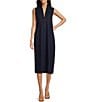 Color:Navy - Image 1 - Linen Blend Stand Collar Button Front Detail Sleeveless Side Slit Midi Shirt Dress