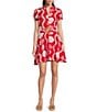 SAIL to SABLE Sea Stripe Print Mandarin Collar Short Puff Sleeve Belted Shirt Dress, Color:Red Sea Stripe - Image 1