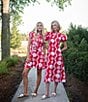 SAIL to SABLE Sea Stripe Print Mandarin Collar Short Puff Sleeve Belted Shirt Dress, Color:Red Sea Stripe - Image 4