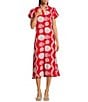 SAIL to SABLE Sea Stripe Print Mandarin Collar Short Puff Sleeve Midi Dress, Color:Red Sea Stripe - Image 1
