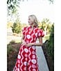 SAIL to SABLE Sea Stripe Print Mandarin Collar Short Puff Sleeve Midi Dress, Color:Red Sea Stripe - Image 5