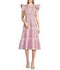 SAIL to SABLE Woven Baroque Floral Split Neck Flutter Sleeve Ric Rac Tiered Midi Dress, Color:Baroque Floral - Image 1