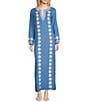 SAIL to SABLE Woven Embroidered Split V-Neck Long Sleeve Caftan Dress, Color:Marina/White - Image 1