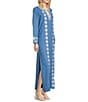 SAIL to SABLE Woven Embroidered Split V-Neck Long Sleeve Caftan Dress, Color:Marina/White - Image 3