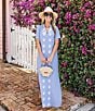 SAIL to SABLE x Palm Beach Lately Embroidered Shell Mandarin V-Neck Short Sleeve Caftan Dress, Color:Blue/White - Image 1