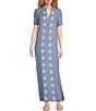 SAIL to SABLE x Palm Beach Lately Embroidered Shell Mandarin V-Neck Short Sleeve Caftan Dress, Color:Blue/White - Image 2