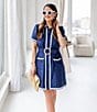 Color:Navy - Image 1 - x Style Charade Short Sleeve Scallop Frame Belted Button Front A-Line Shirt Dress