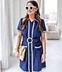 Color:Navy - Image 2 - x Style Charade Short Sleeve Scallop Frame Belted Button Front A-Line Shirt Dress
