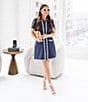 Color:Navy - Image 6 - x Style Charade Short Sleeve Scallop Frame Belted Button Front A-Line Shirt Dress