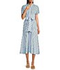 SAIL to SABLE x Style Charade Stripe Button Down Collar Short Sleeve Tie Front Midi Dress, Color:Blue/White - Image 1
