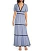 SAIL to SABLE x Style Charade Stripe Print V-Neck Short Sleeve Seersucker Maxi Dress, Color:Blue/White Stripe - Image 1