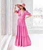 Color:Hibiscus - Image 2 - x Style Charade V-Neck Short Puff Sleeve Empire Tie Waist Tiered A-Line Maxi Dress