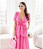 Color:Hibiscus - Image 3 - x Style Charade V-Neck Short Puff Sleeve Empire Tie Waist Tiered A-Line Maxi Dress
