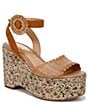 Color:Rustic Brown/Buff Tan - Image 1 - Amber Raffia and Suede Macrame Platform Ankle Wrap Wedge Sandals
